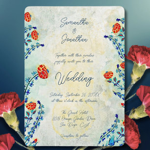 Watercolor Vintage Floral Blue & Red Wedding Invitation