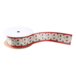 Watercolor Vintage Floral Red Poinsettia Christmas Satin Ribbon