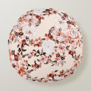 Watercolor vintage floral seamless pattern, brown round pillow