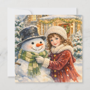 Watercolor Vintage Girl with Christmas Snowman  Holiday Card