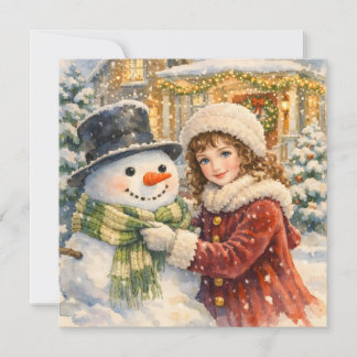 Watercolor Vintage Girl with Christmas Snowman Holiday Card