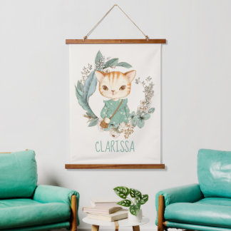 Watercolor Vintage Kitty Personalized Hanging Tapestry