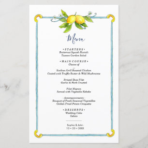 Watercolor vintage Lemon citrus wedding menu