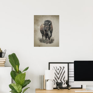Watercolor Vintage Look Bison Buffalo Animal Art Poster