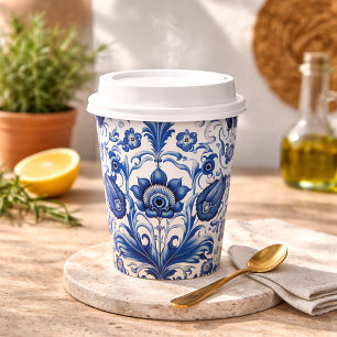 Watercolor Vintage Mediterranean Blue Tile Paper Cups