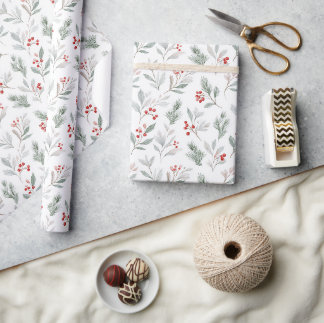 Watercolor Vintage Mistletoe and Holly Christmas Wrapping Paper