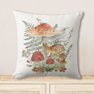 Watercolor Vintage Mushrooms and Fern Leaves Throw Pillow