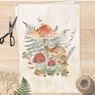 Watercolor Vintage Mushrooms Fern Leaves Decoupage Wrapping Paper Sheet