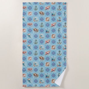 Watercolor Vintage Nautical Ocean Life Beach Towel
