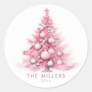 Watercolor Vintage Pink Christmas Tree Modern  Classic Round Sticker