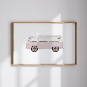 Watercolor vintage pink mini van poster