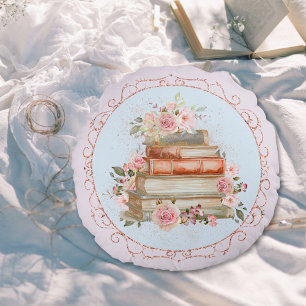 Watercolor Vintage Pink Roses and Book Floral Round Pillow