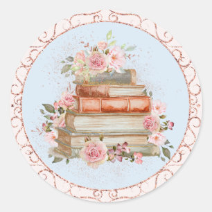 Watercolor Vintage Pink Roses and Books Floral Classic Round Sticker
