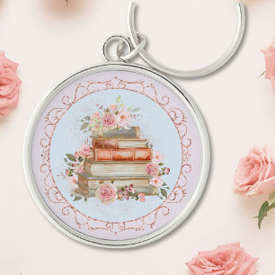Watercolor Vintage Pink Roses and Books Floral Keychain