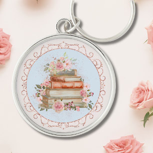 Watercolor Vintage Pink Roses and Books Floral Keychain