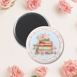 Watercolor Vintage Pink Roses and Books Floral Magnet