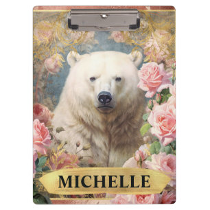 Watercolor Vintage Polar Bear and Pink Roses Clipboard