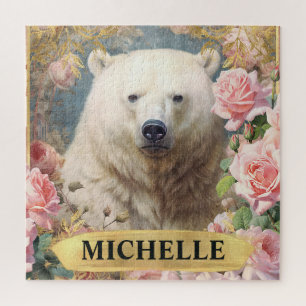 Watercolor Vintage Polar Bear and Pink Roses Jigsaw Puzzle