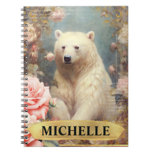Watercolor Vintage Polar Bear and Pink Roses Notebook