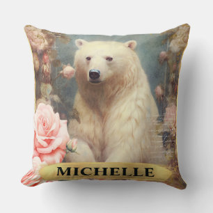 Watercolor Vintage Polar Bear and Pink Roses Throw Pillow