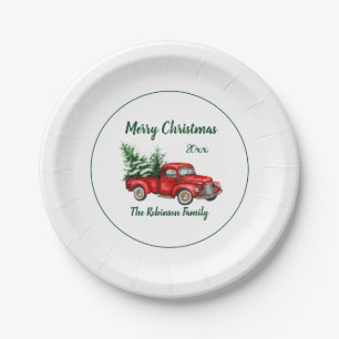Watercolor Vintage Red Truck Christmas Party Paper Plate