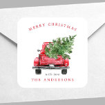 Watercolor Vintage Red Truck Christmas Square Sticker<br><div class="desc">Watercolor Vintage Red Truck Christmas Square Sticker</div>