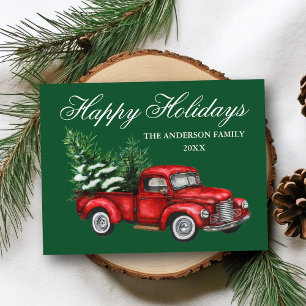 Watercolor Vintage Red Truck Happy Holidays Green Postcard