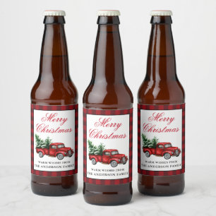 Watercolor Vintage Red Truck Merry Christmas Plaid Beer Bottle Label