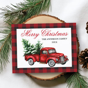 Watercolor Vintage Red Truck Merry Christmas Plaid Postcard