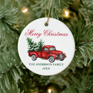 Watercolor Vintage Red Truck Tree Christmas Ceramic Ornament