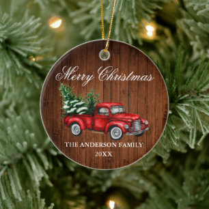 Watercolor Vintage Red Truck Wood Christmas Ceramic Ornament