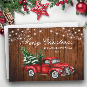 Watercolor Vintage Red Truck Wood Lights Christmas Holiday Card
