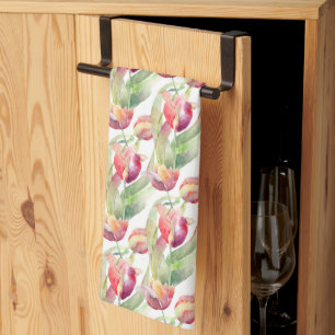 Watercolor Vintage Red Tulips Meadow Easter Kitchen Towel