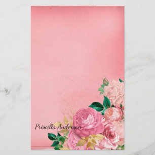 Watercolor Vintage Rose Floral Greenery Pink