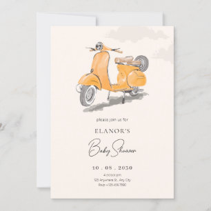 Watercolor vintage scooter art baby shower invitation