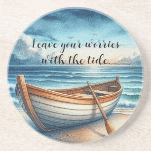 Watercolor Vintage Seaside Rowboat w/ Quote Coaster