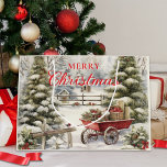 Watercolor Vintage Trees Merry Christmas Script  Large Gift Bag<br><div class="desc">Vintage watercolor Christmas trees Merry Christmas gift bag in cream and red. The design text of 'Merry Christmas' can be kept as-is or edited.</div>