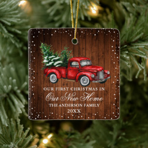 Watercolor Vintage Truck Wood Snow New Home Ceramic Ornament