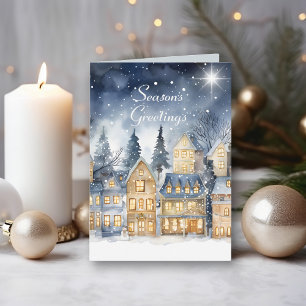 Watercolor Vintage Village Star Night Christmas Card