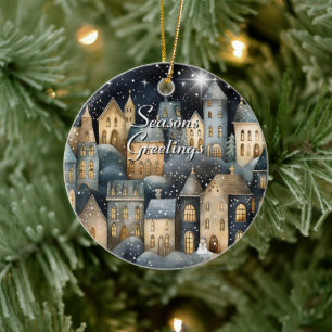Watercolor Vintage Village Star Night Christmas Ceramic Ornament