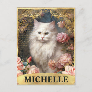 Watercolor Vintage White Cat and Pink Roses Postcard