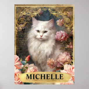 Watercolor Vintage White Cat and Pink Roses Poster