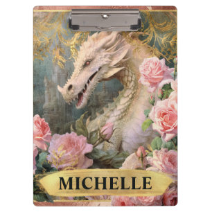 Watercolor Vintage White Dragon and Pink Roses Clipboard