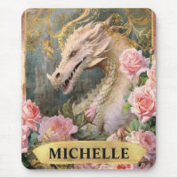 Watercolor Vintage White Dragon and Pink Roses