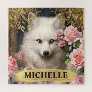 Watercolor Vintage White Fox and Pink Roses Jigsaw Puzzle