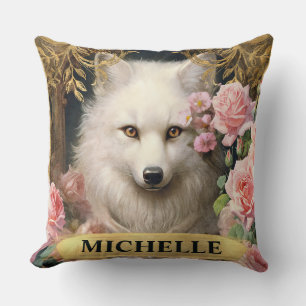 Watercolor Vintage White Fox and Pink Roses Throw Pillow