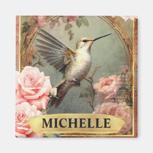 Watercolor Vintage White Hummingbird & Pink Roses Magnet