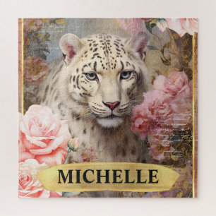 Watercolor Vintage White Leopard and Pink Roses Jigsaw Puzzle