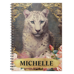 Watercolor Vintage White Leopard and Pink Roses Notebook