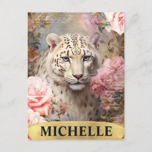 Watercolor Vintage White Leopard and Pink Roses Postcard